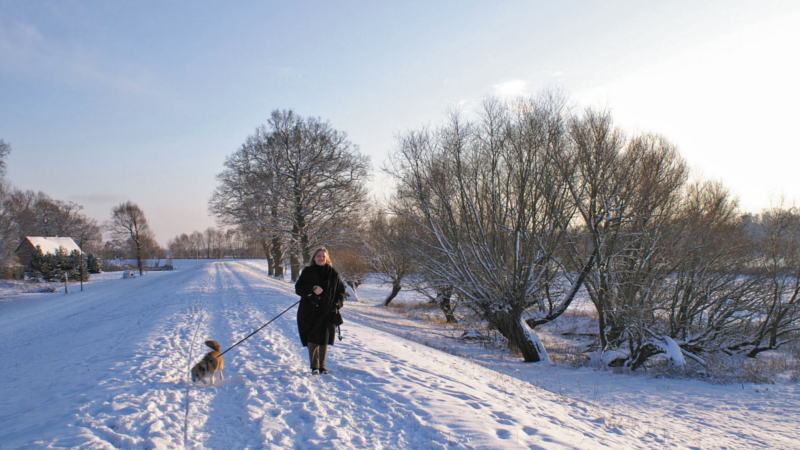 Bei einem Spaziergang auf dem Elbdeich wird die winterliche Stille hörbar. ©djd/Tourismusverband Prignitz/Corporate Art