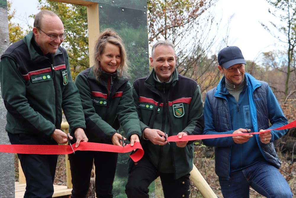 Sachsens Umweltminister Wolfram Günther (li) eröffnet im Nationalpark Sächsische Schweiz den zweiten Teil des Pfades „Weg zur Wildnis“. Mit Ihm freuen sich Nadja Rademacher (Projektleiterin des Weges), Uwe Borrmeister (Nationalparkleiter) sowie Thomas Kunack (Bürgermeister Stadt Bad Schandau) über die Ergänzung des Wildnisweges (v.l.n.r.).  Foto: Jörg Weber, Nationalparkverwaltung