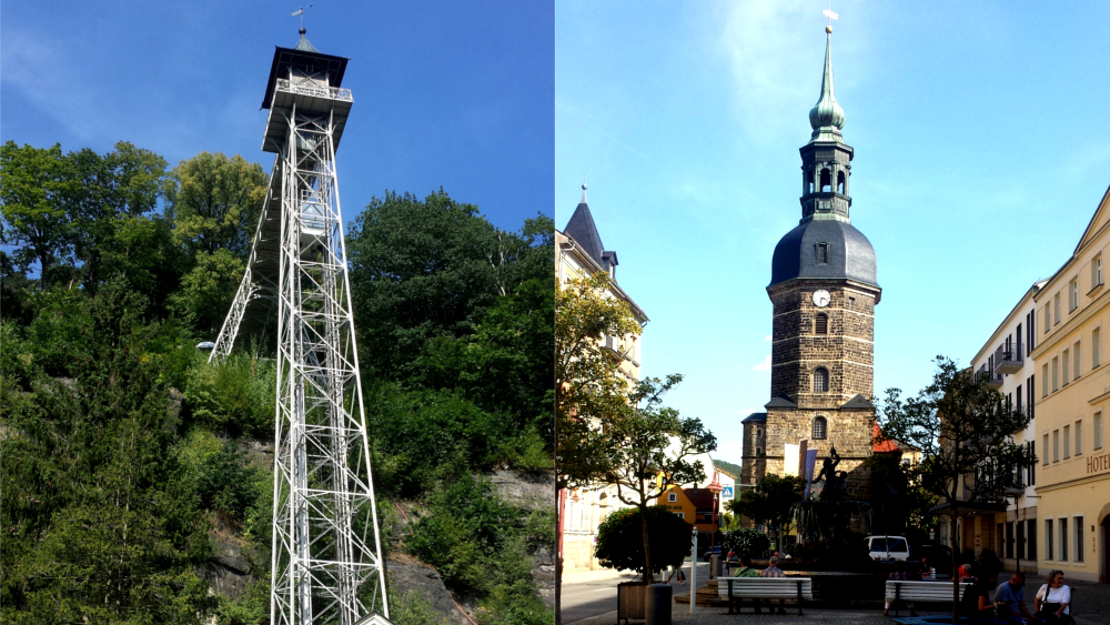Historischer Personenaufzug (links) und Marktplatz mit Johanniskirche und Sendigbrunnen in Bad Schandau ©MeiDresden.de