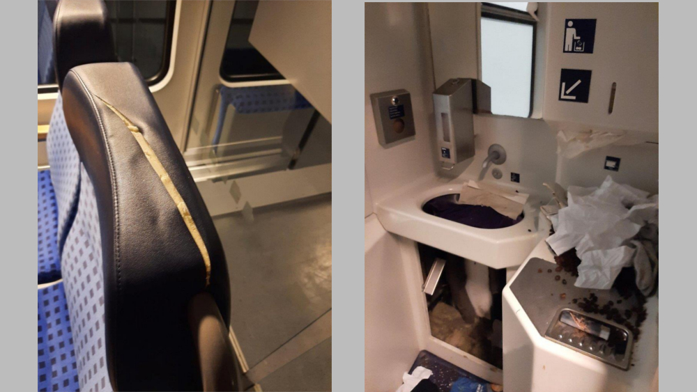 Beschädigter Sitz und zerstörte Toiliette in der S-Bahn ©Bundespolizei