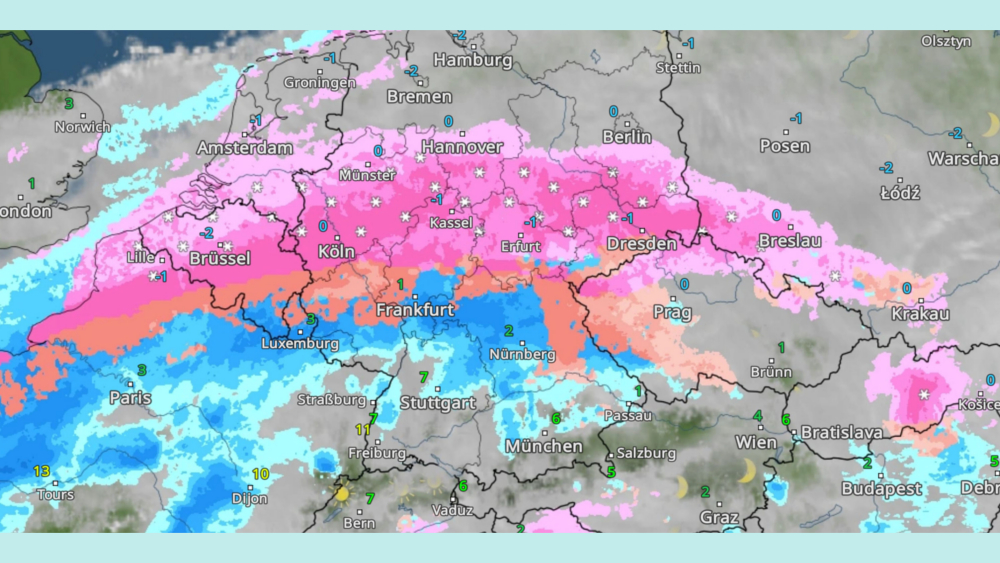 Das WetterRadar zeigt die drei Wetterzonen am Mittwochnachmittag: Schneefall in Rosa, gefrierender Regen in Orange und Regen in Blau ©WetterOnline