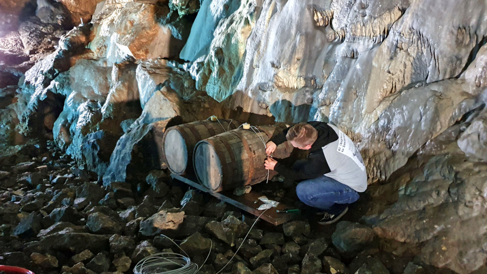 Im Oktober 2021 wurden Fässer mit Whisky zur Lagerung in die Baumannshöhle gebracht, nun kann man ihn bei Tastings direkt vor Ort probieren. Foto: DJD/Tropfsteinhöhlen Rübeland