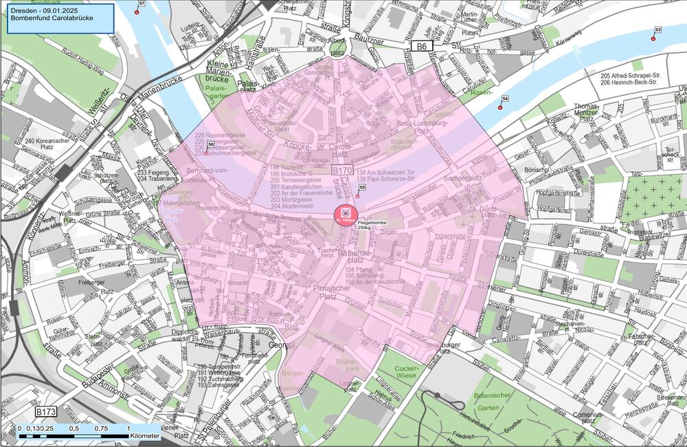 Evakuierungsbereich um dein Bombenfundort an der Carolabrücke. Grafik: Landeshauptstadt Dresden