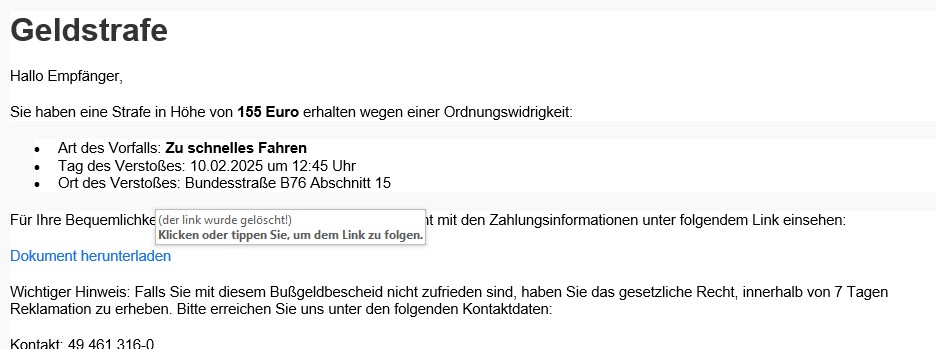 Screenshot © MeiDresden.de  - Auch wir haben solche Emails bekommen. Unsere Internet Security hat den Link in der versendeten Email gelöscht. Das kann bei ihnen anders aussehen das da eine PDF zum anklicken ist.  Klicken Sie NICHT auf den Link"
