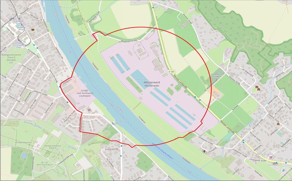 Evakuierungsradius zum Bomenfund in DD Hosterwitz. Grafik: Polizei Sachsen