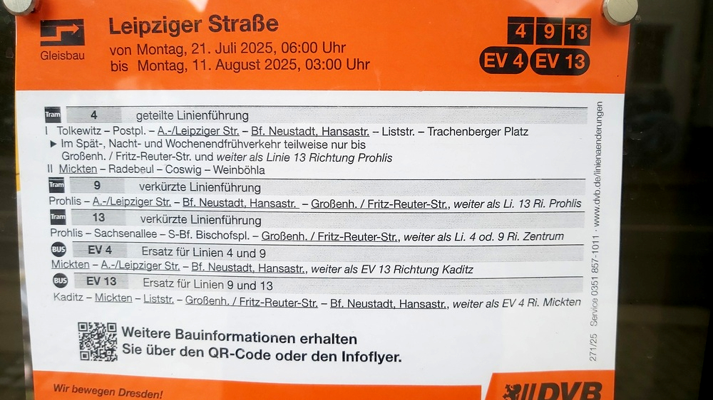 Gleisbauarbeiten zwischen Robert Matzke Straße und Bürgerstraße, Linien 4, 9 und 13 werden umgeleitet. Foto: MeiDresden.de