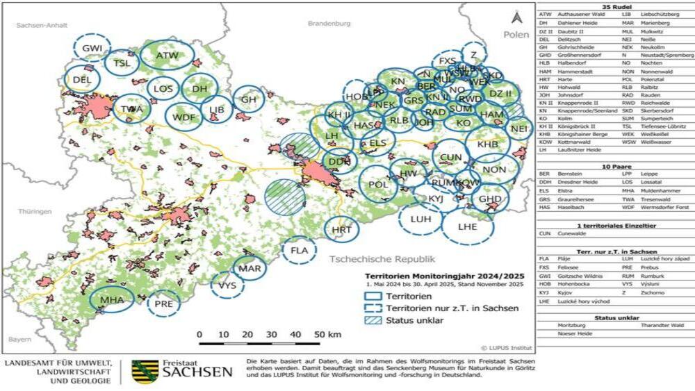 Karte der bestätigten Wolfsterritorien in Sachsen - Monitoringjahr 2024/2025 (schematische Darstellung) © Lupus Institut