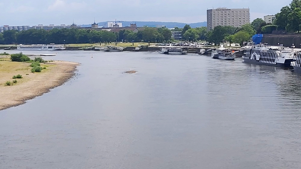 Bei dem derzeitigen niedrigen Wasserstand der Elbe taucht sogar eine Schotterinsel im Fluss auf. Foto: MeiDresden.de