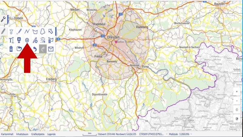  Das Geoportal des GeoSN hilft mit digitalen Karten für den 15 km Radius  Foto: Screenshot/ https://geoviewer.sachsen.de